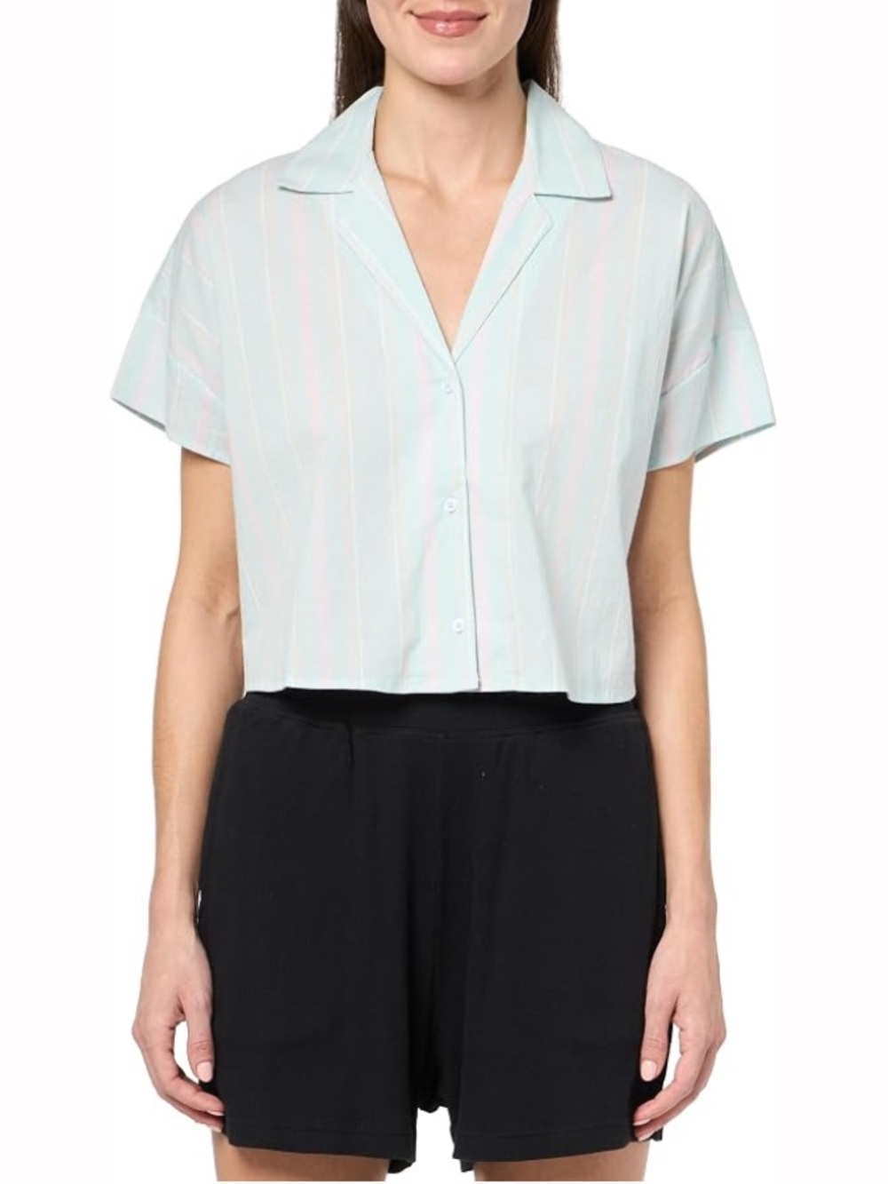 New Florence By Mills Cotton Stripe Short Sleeve Button Top Size Small Seagrass